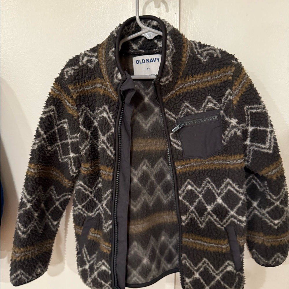 Old Navy Charcoal and Brown Geometric Fleece Jacket